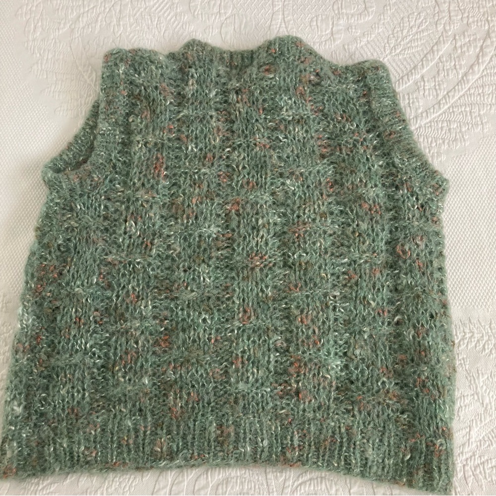 Vintage Hand Knit 80s mohair sweater vest green fleck stretch old money M - Picture 10 of 11
